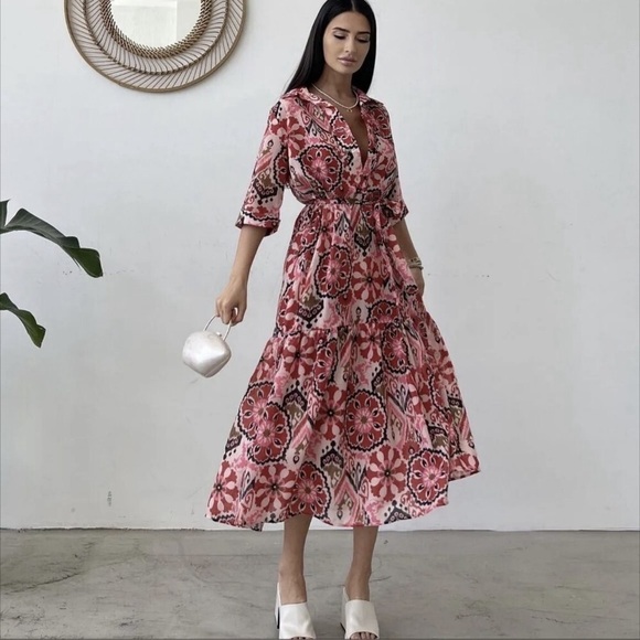 Zara Dresses & Skirts - Zara Ikat Print Button-Down Belted Midi Dress- Size M